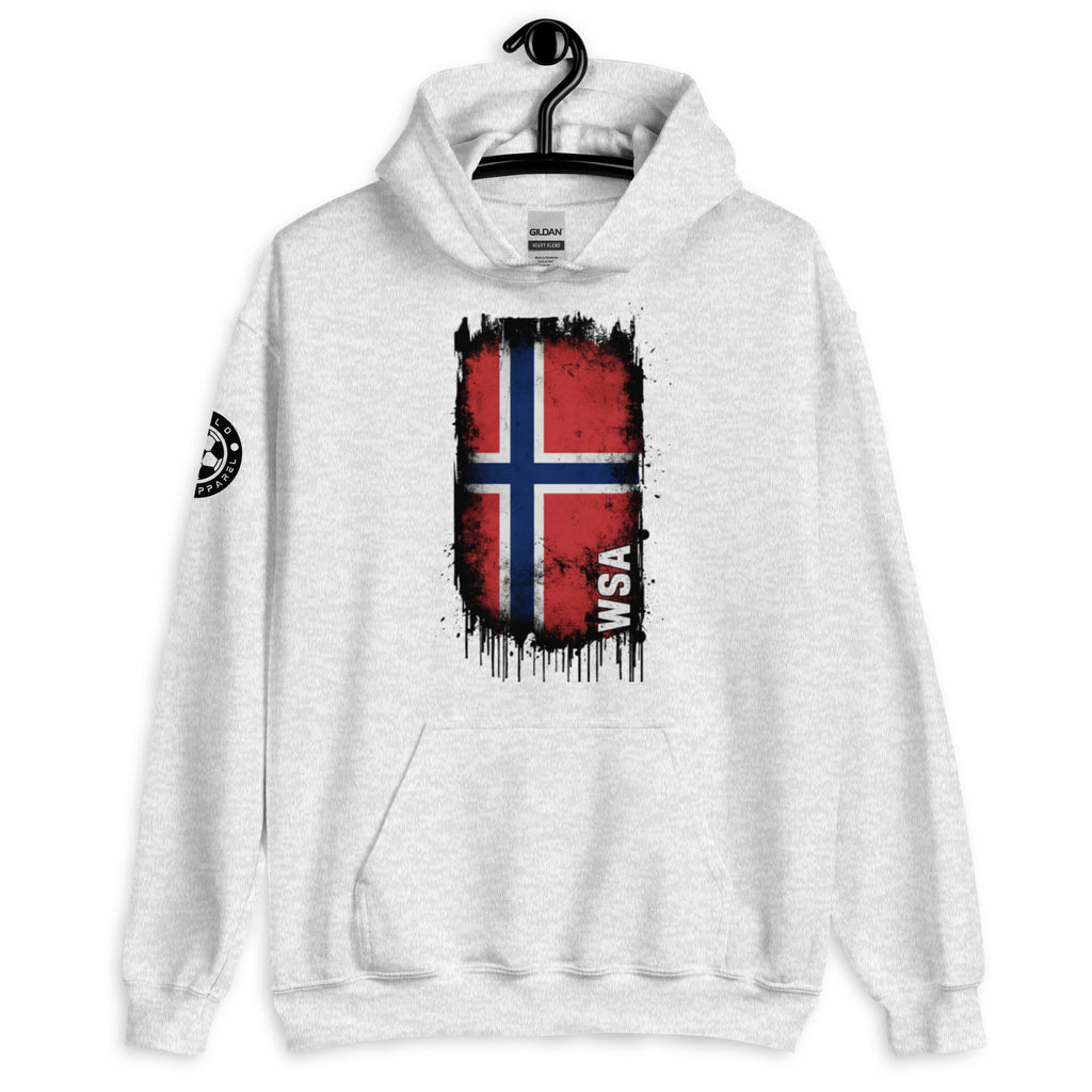 White hoodie with a flag design on a hanger against a white background