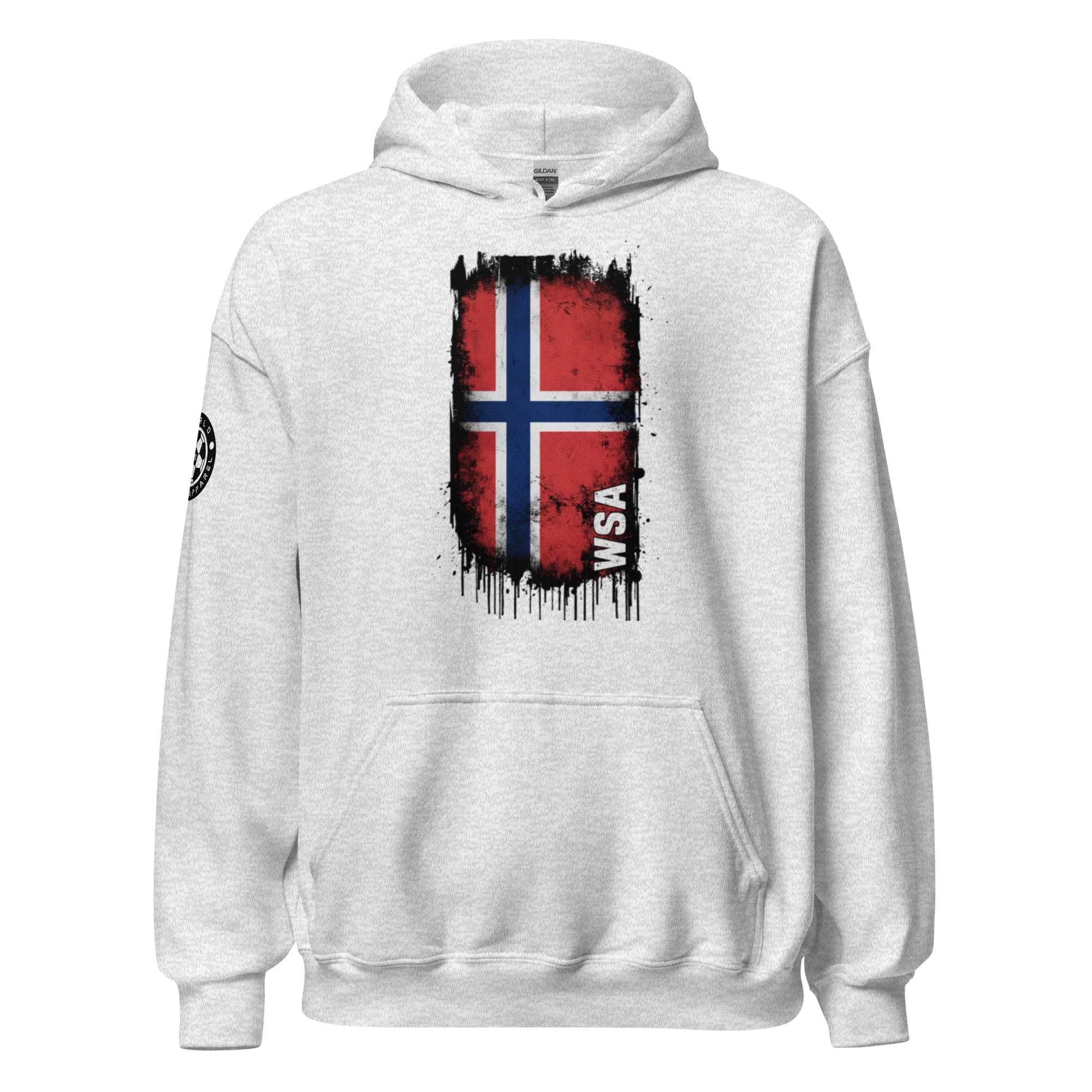 White hoodie with a red and blue flag design on a white background