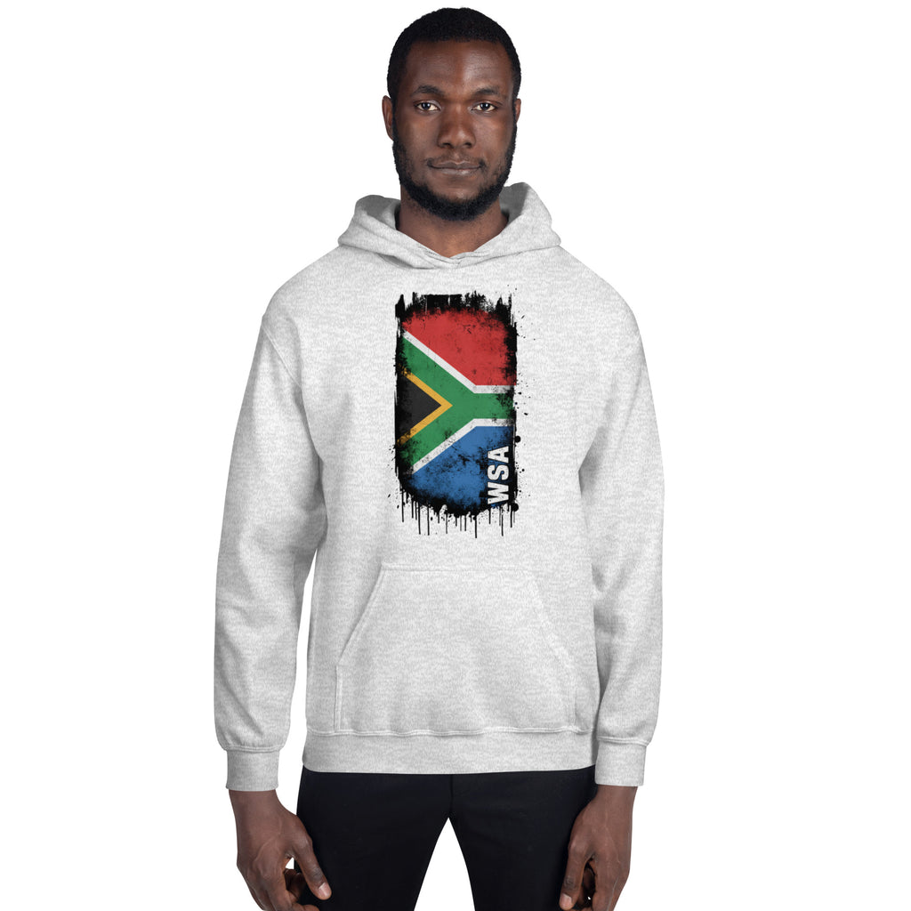 Person wearing a white hoodie with a South African flag design on a white background