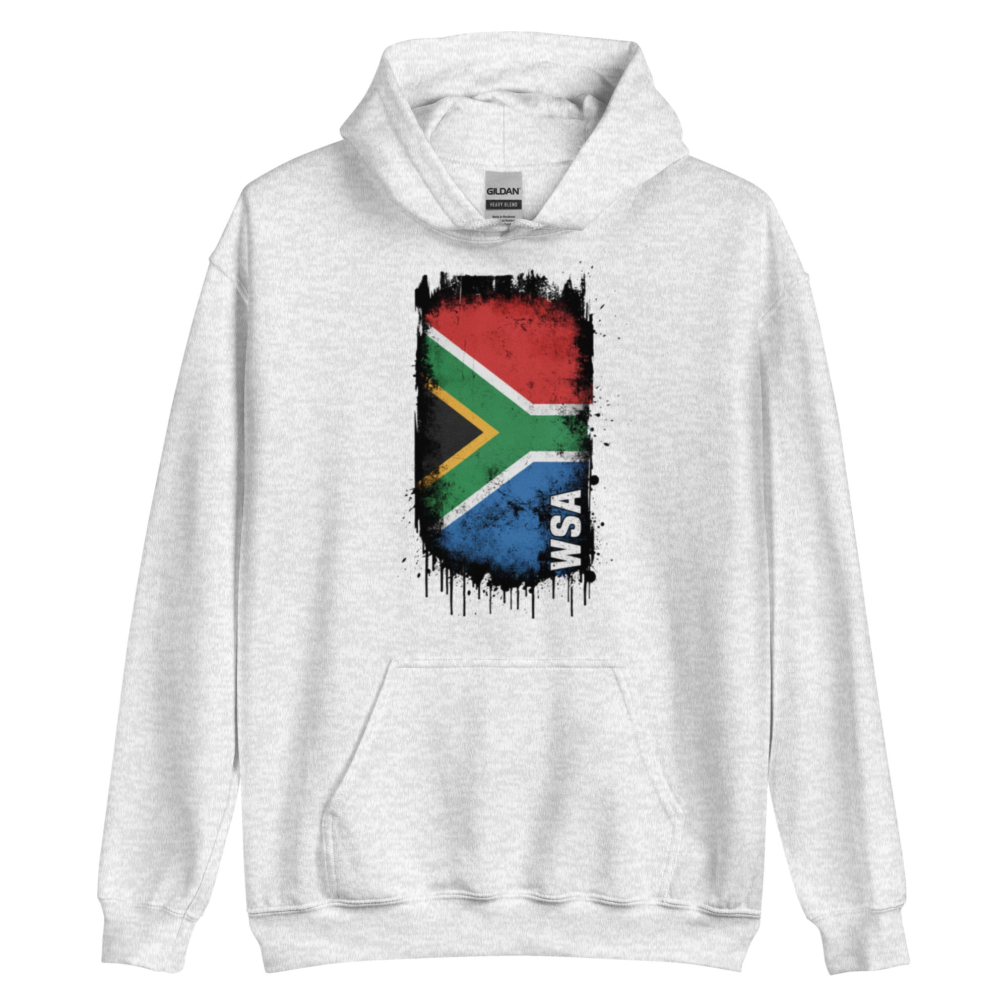 White hoodie with South African flag design on a white background
