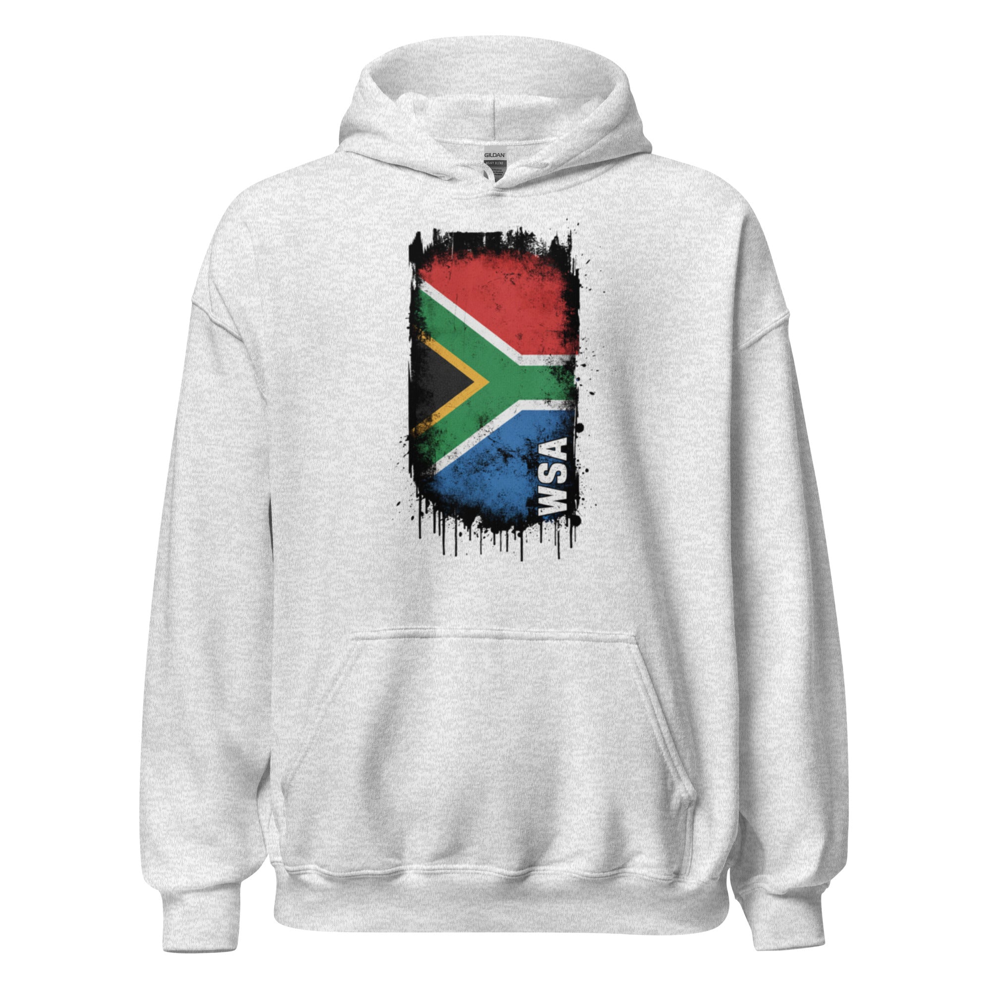 White hoodie with South African flag design on a white background
