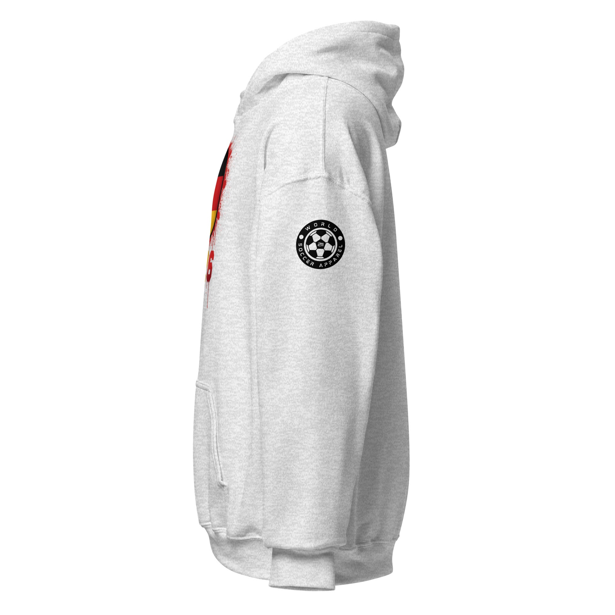 White hoodie with a logo on the sleeve against a white background
