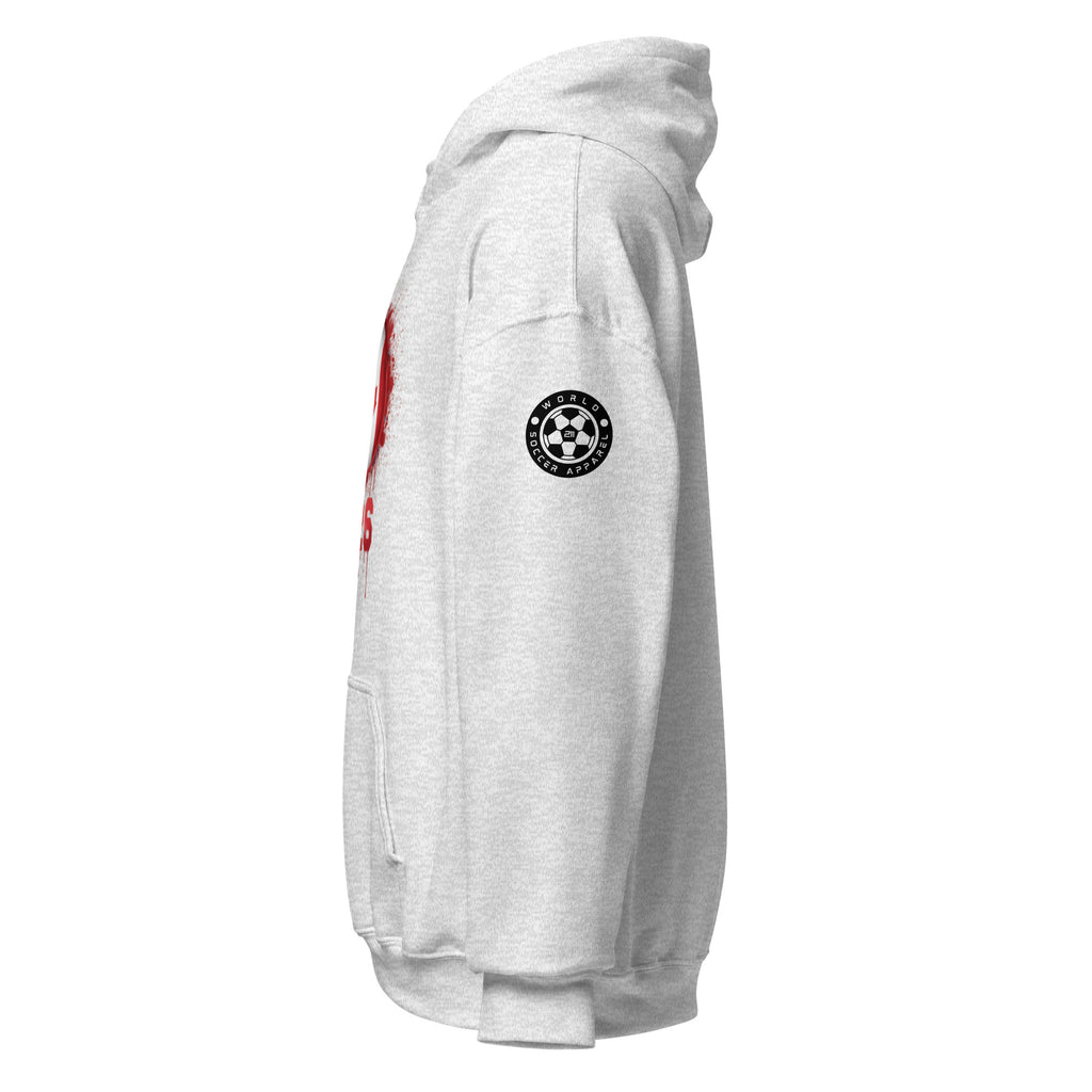 White hoodie with a logo on the sleeve against a white background