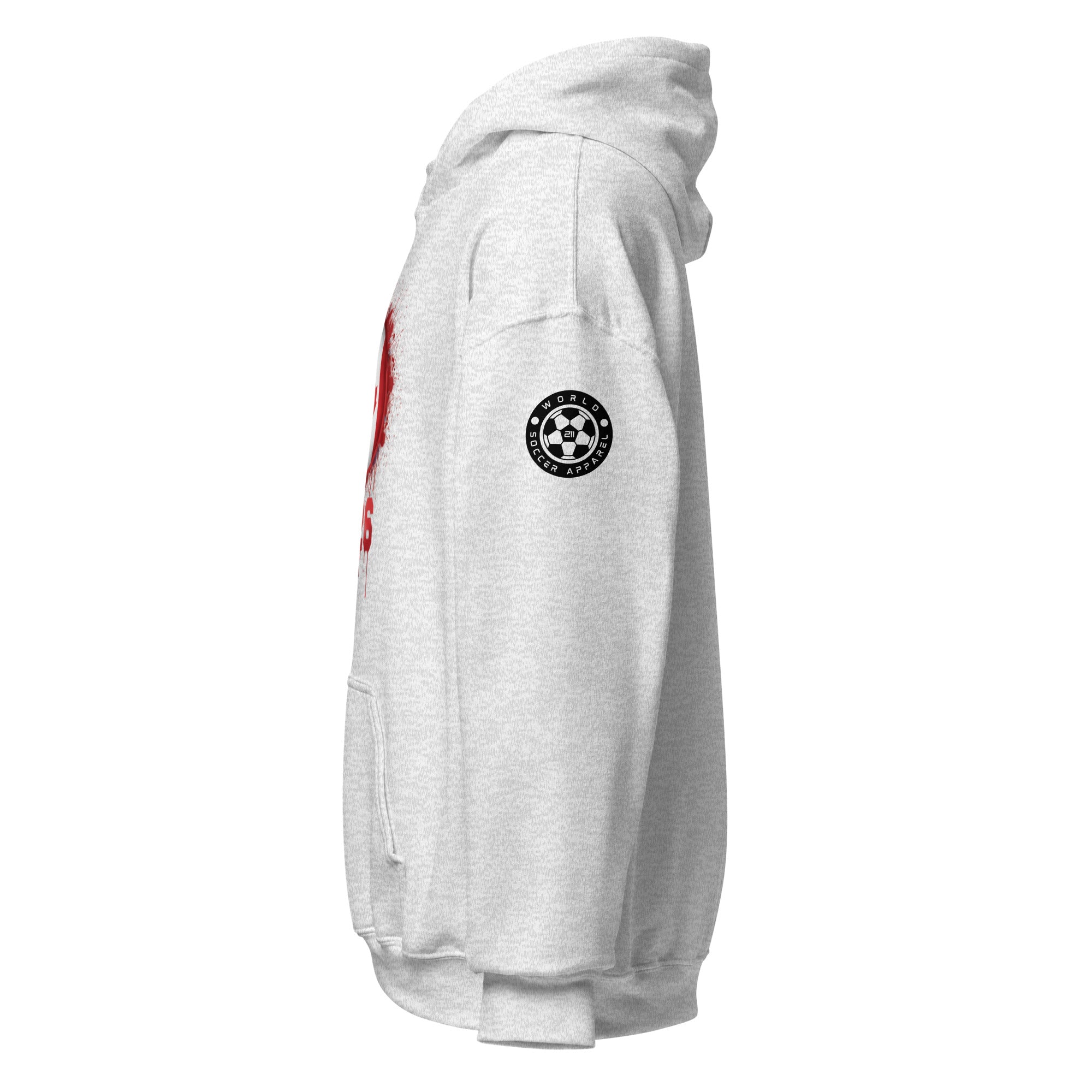 White hoodie with a logo on the sleeve against a white background