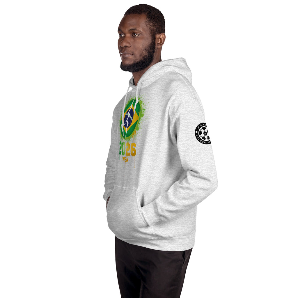 Man wearing a gray hoodie with a Brazilian flag design on a white background
