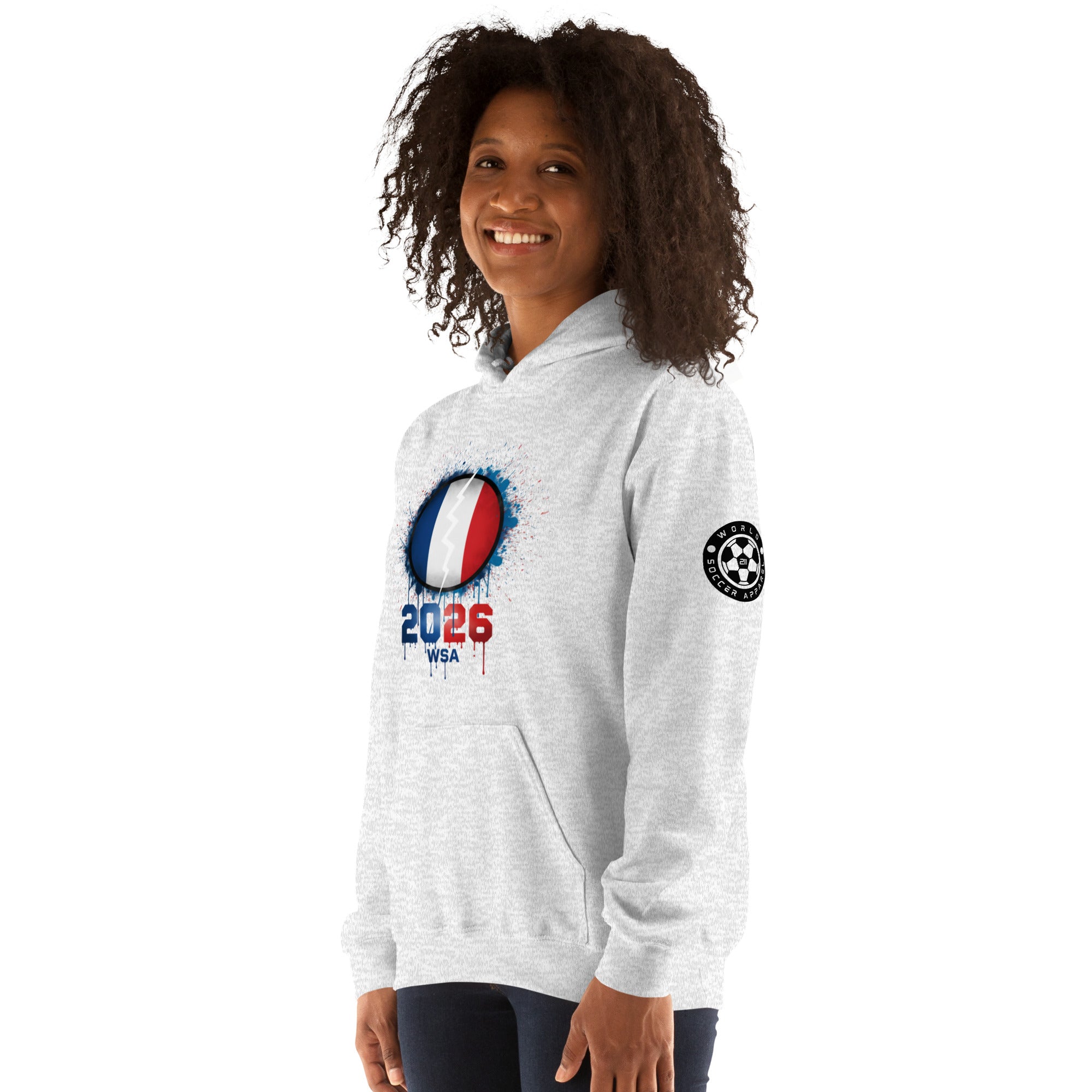 Person wearing a white hoodie with 2026 World Cup design on a white background