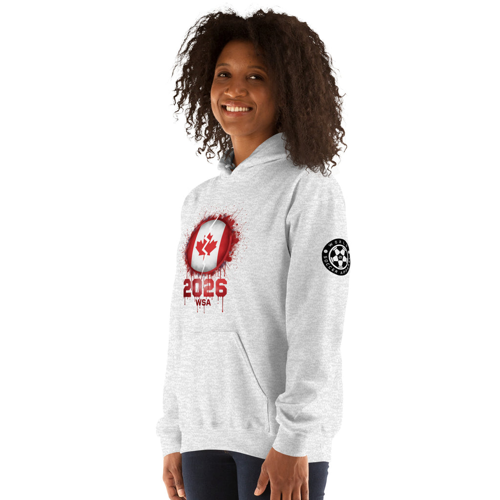 Person wearing a white hoodie with red and black designs on a white background