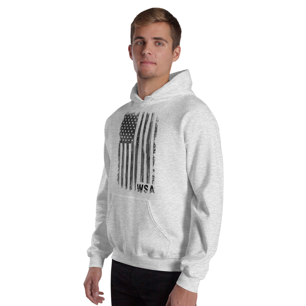 Man wearing a white hoodie with a black flag design on a white background