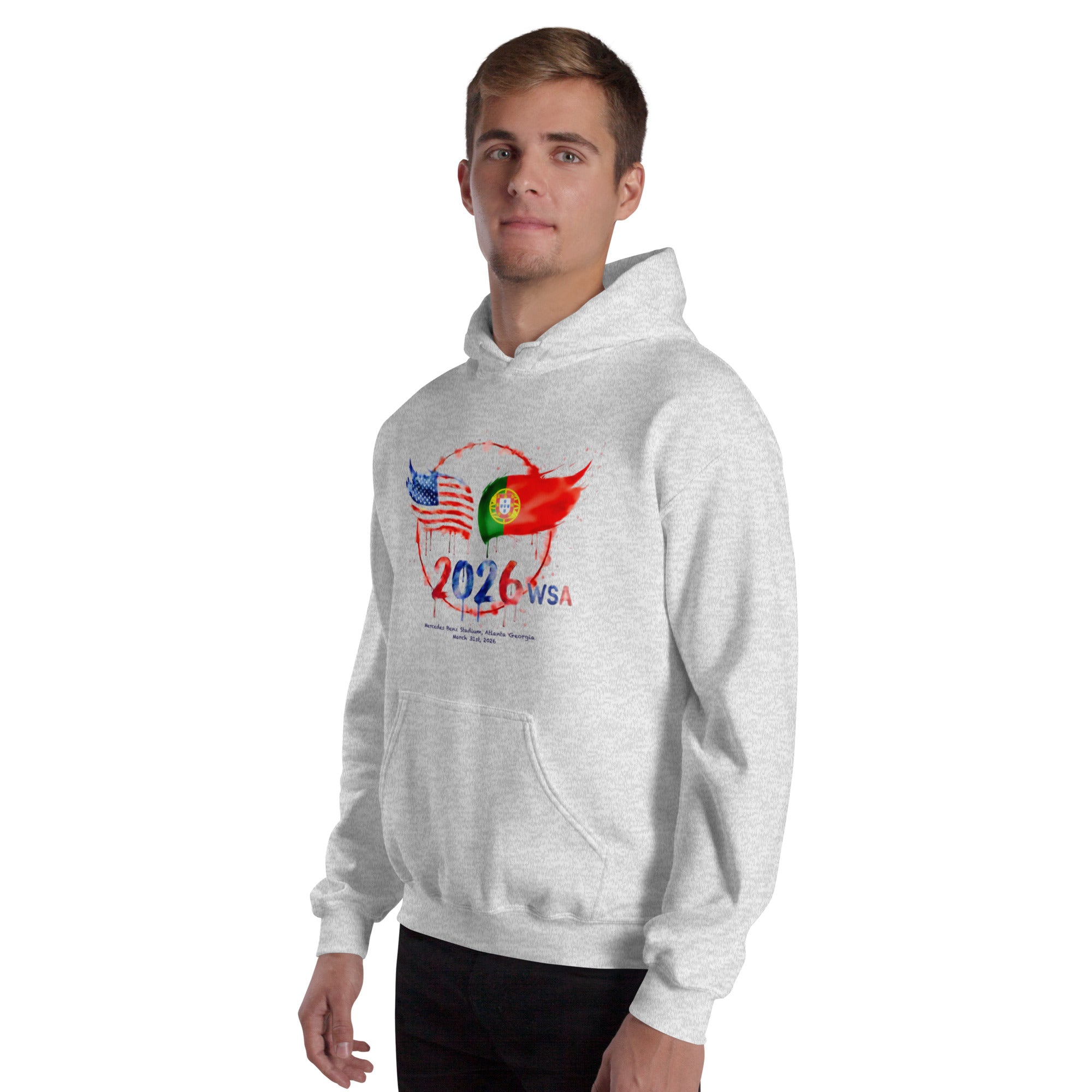 Person wearing a white hoodie with 2026 Visa design on a white background
