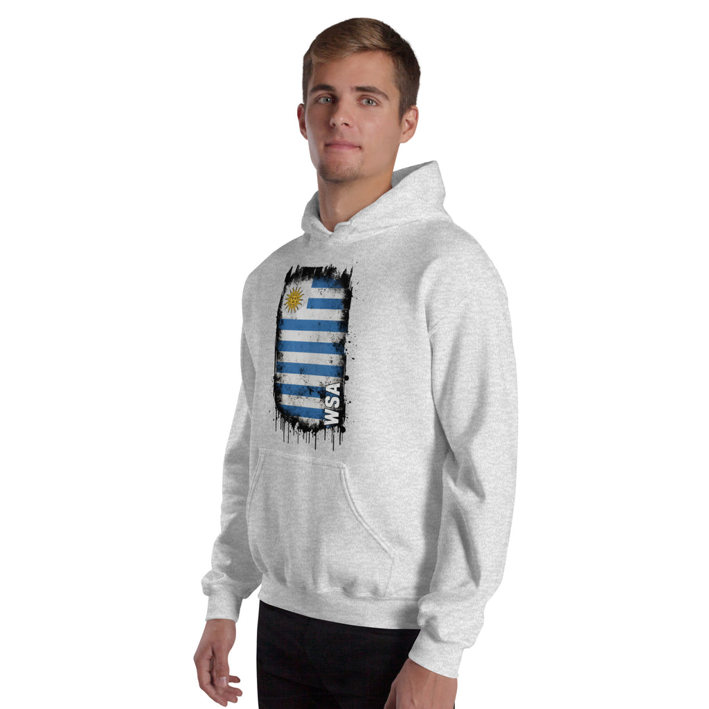 Man wearing a white hoodie with a graphic design on a white background
