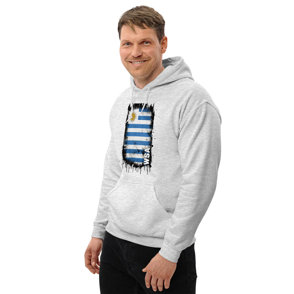 Man wearing a gray hoodie with a flag design on a white background