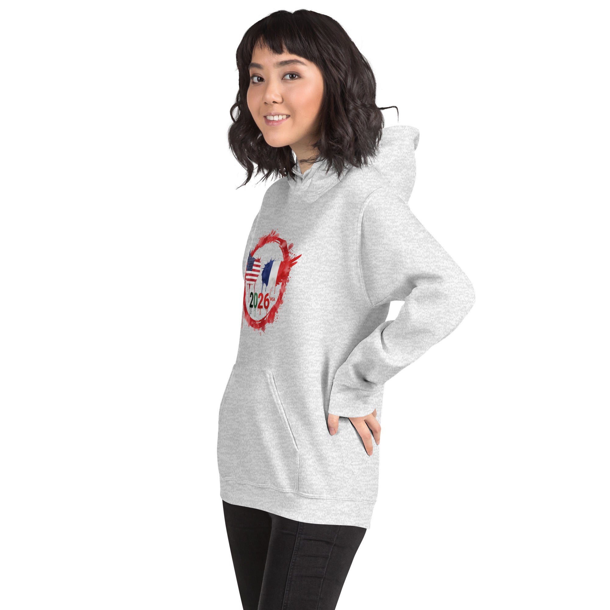 Person wearing a gray hoodie with a graphic design on a white background