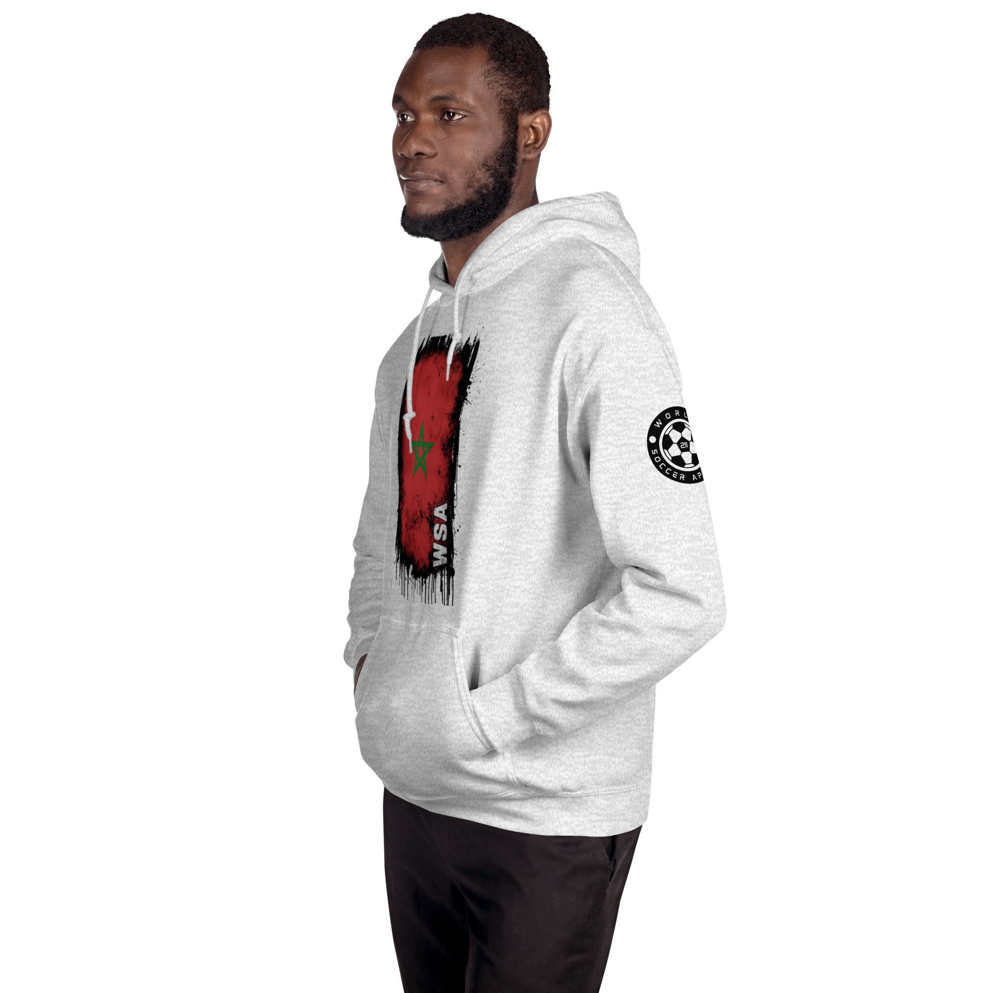 Man wearing a gray hoodie with a red and black design on a white background