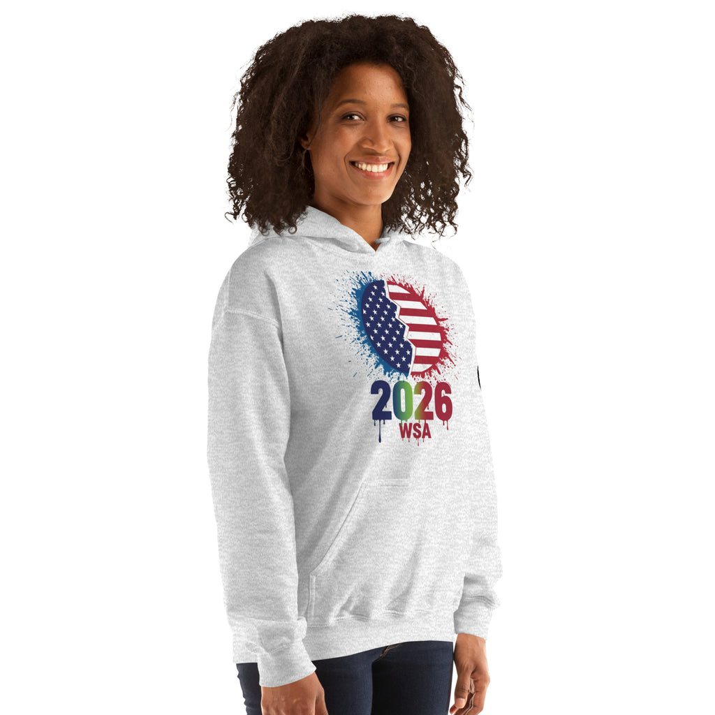 Person wearing a white hoodie with a colorful design on a white background