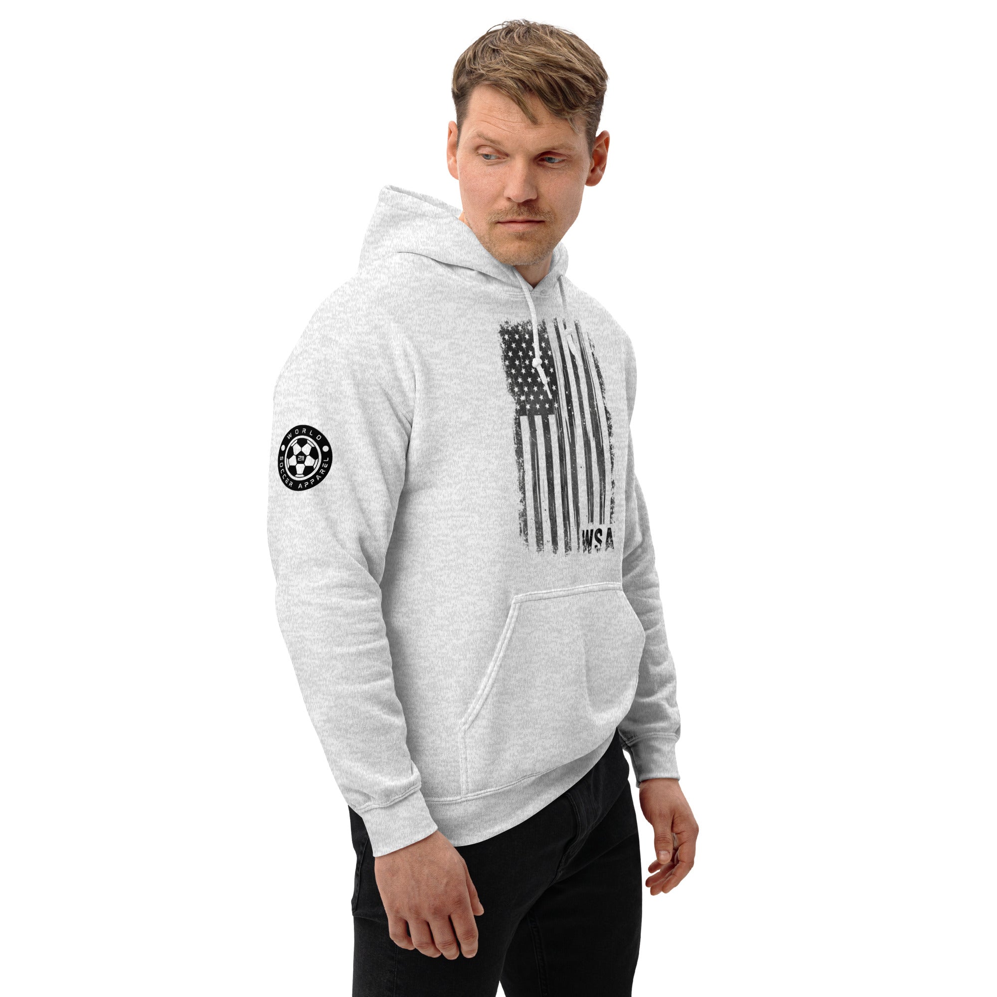 Man wearing a gray hoodie with an American flag design on a white background