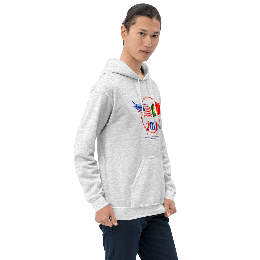 Person wearing a gray hoodie with a colorful graphic on a white background
