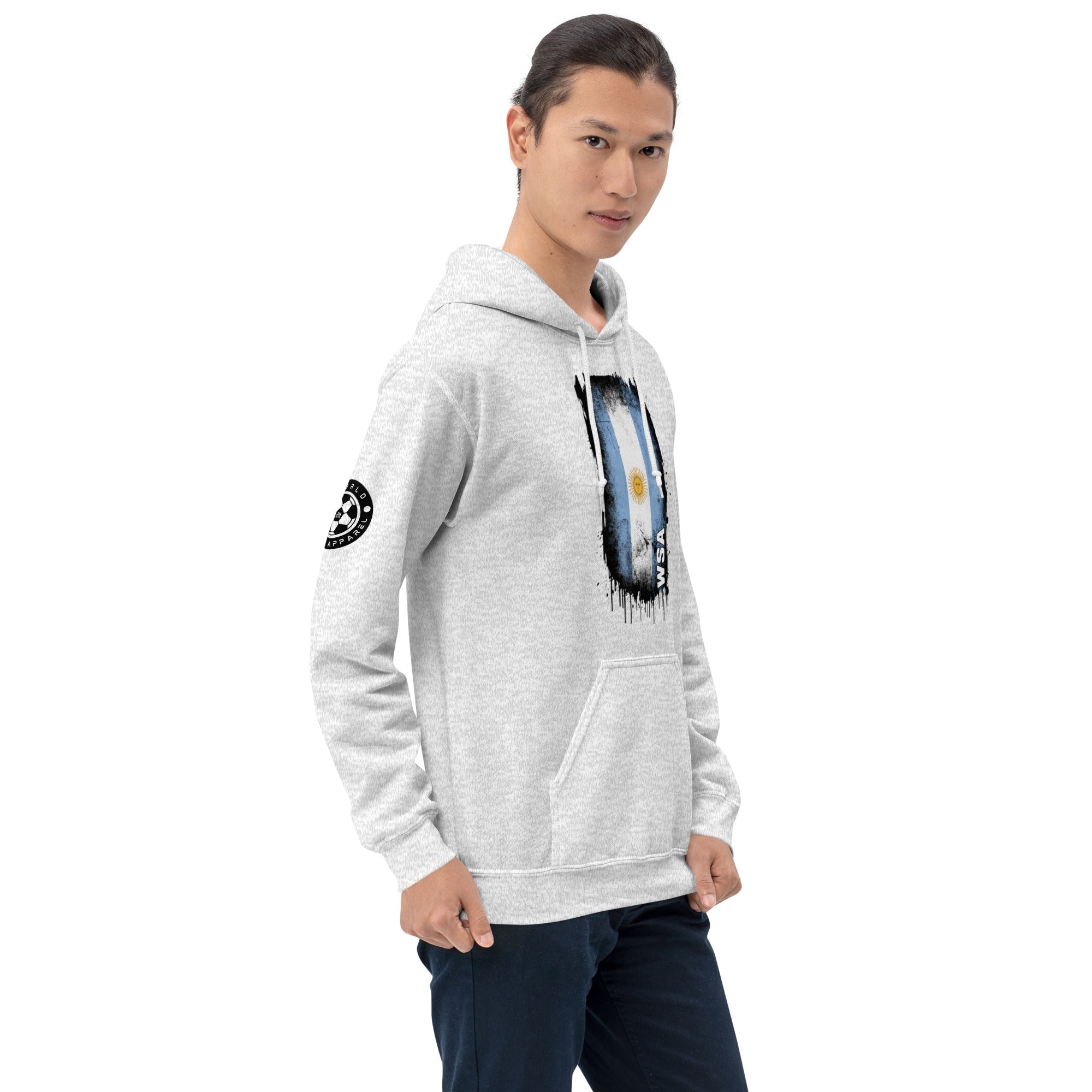 Person wearing a gray hoodie with graphic design on a white background