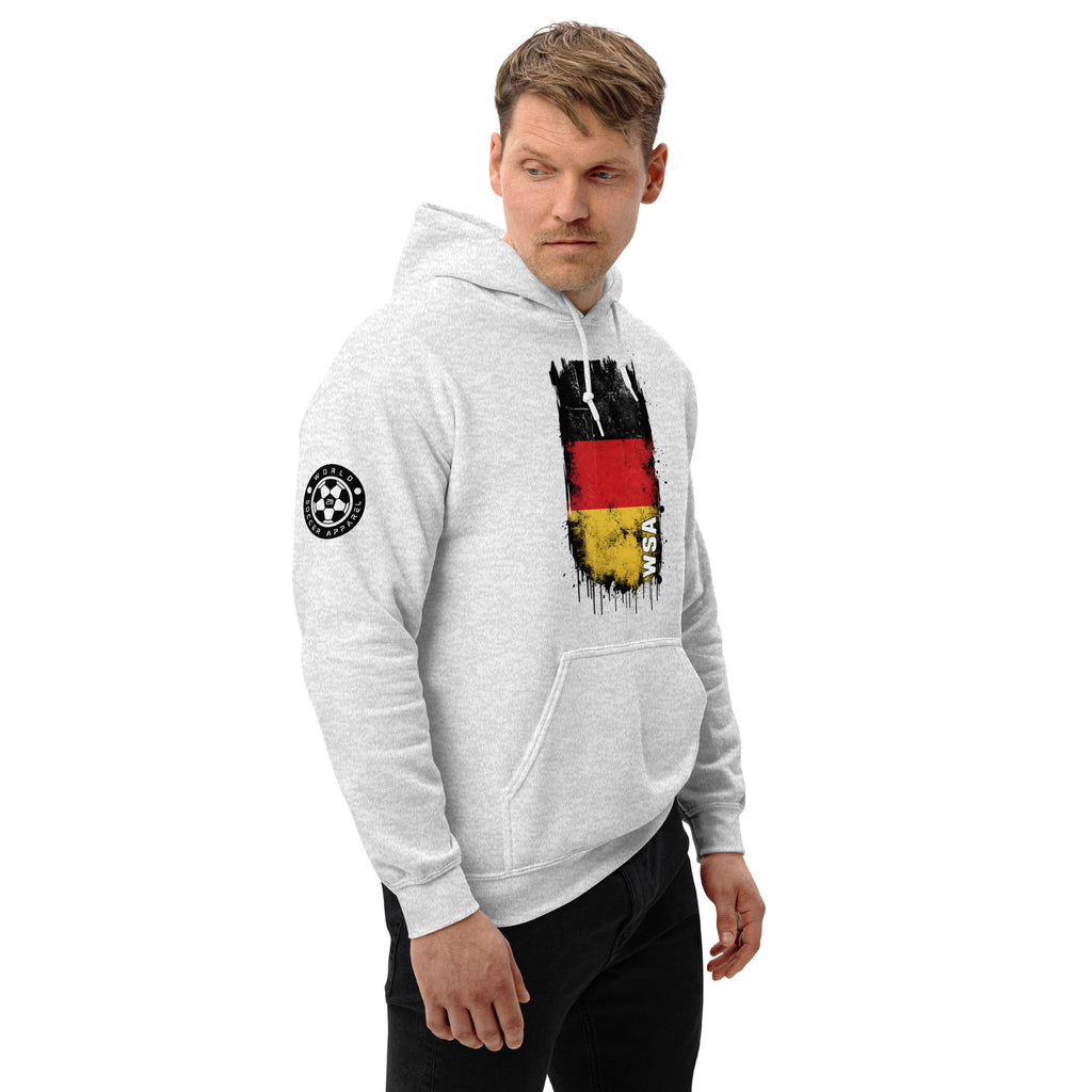 Man wearing a gray hoodie with a graphic design on a white background