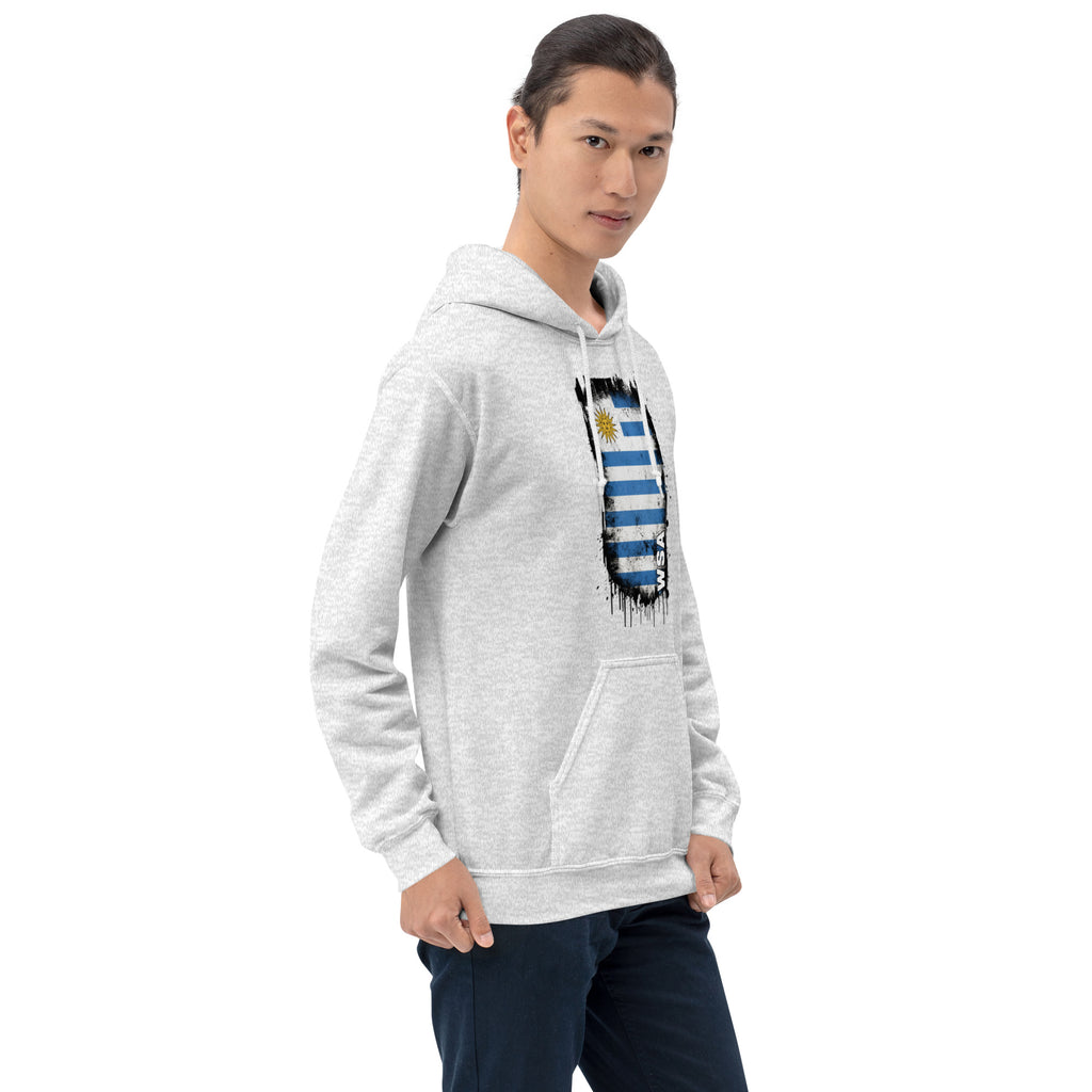 Person wearing a gray hoodie with a graphic design on a white background