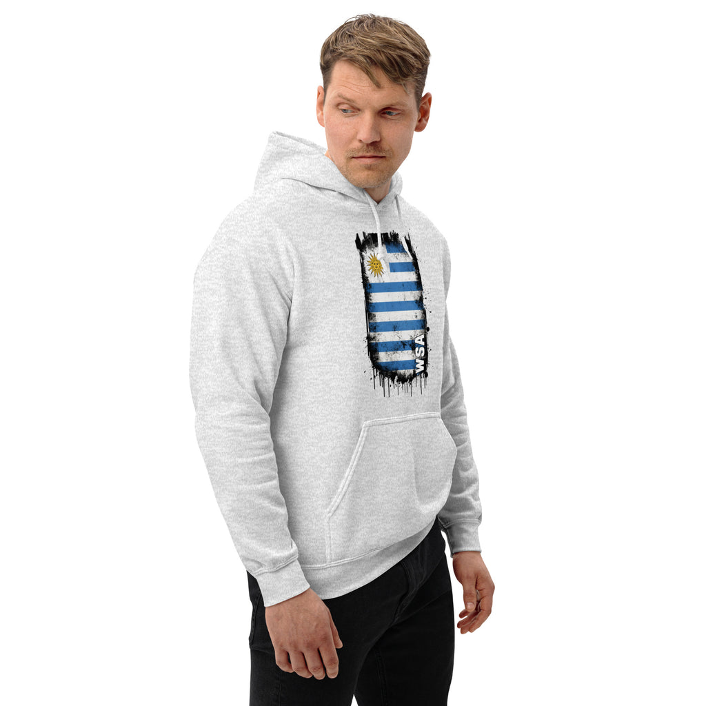 Man wearing a gray hoodie with a graphic design on a white background