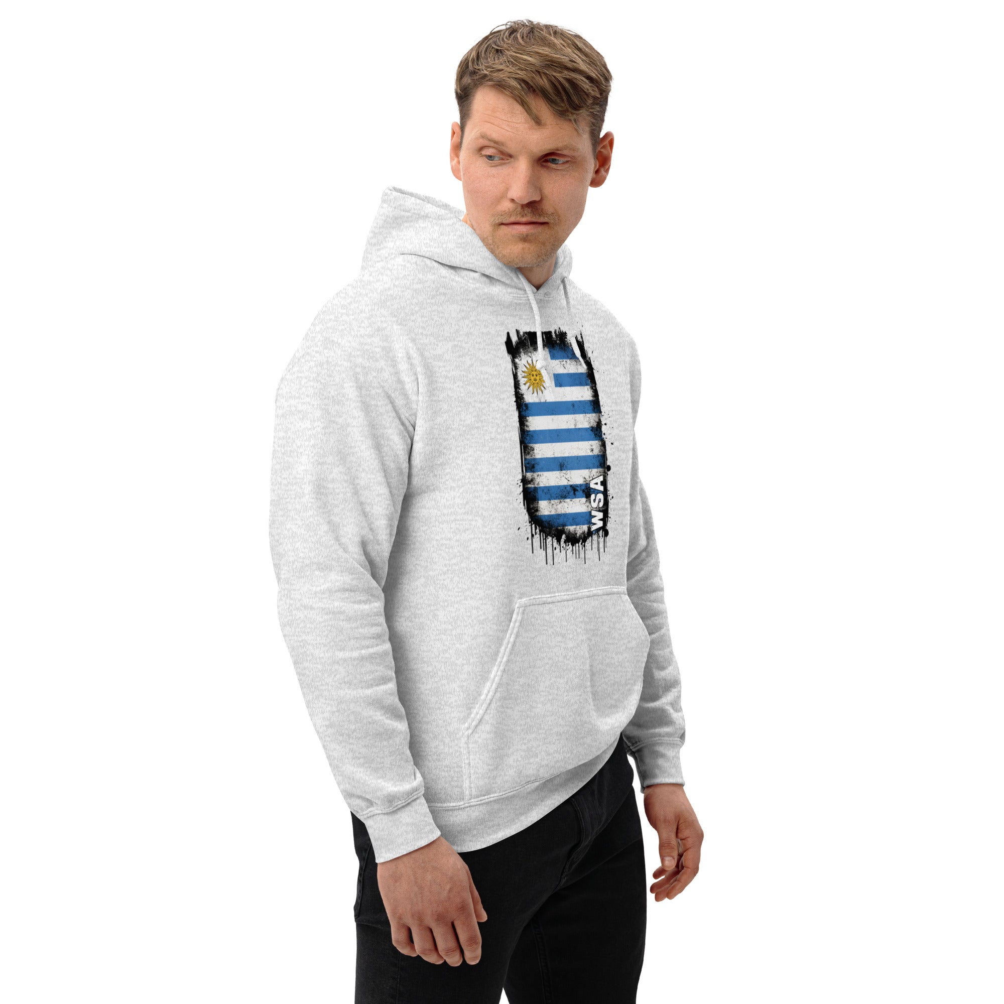Man wearing a gray hoodie with a graphic design on a white background