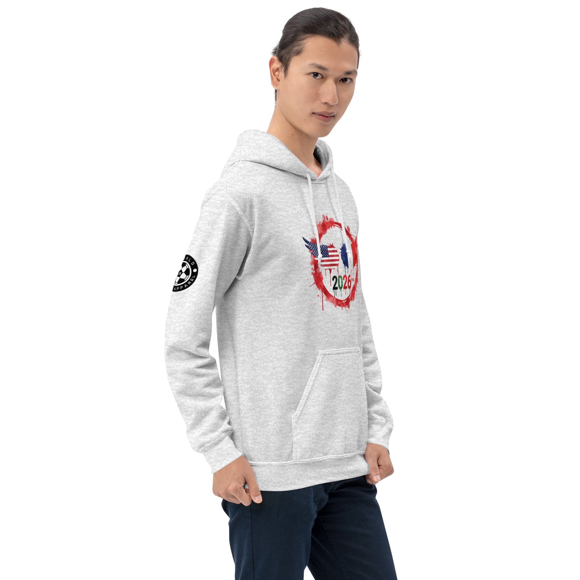 Person wearing a gray hoodie with a logo on a white background