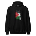 Black hoodie with a flag design on the chest against a white background