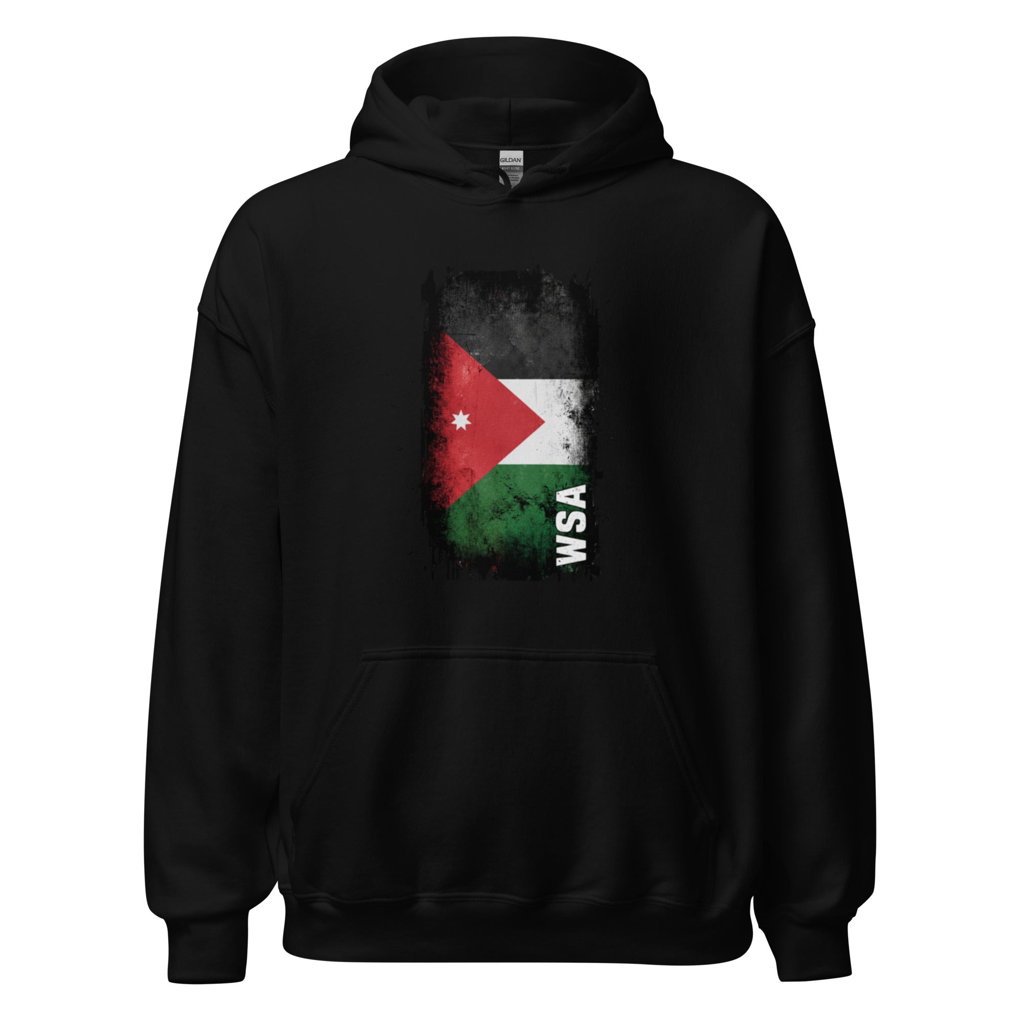 Black hoodie with a flag design on the chest against a white background