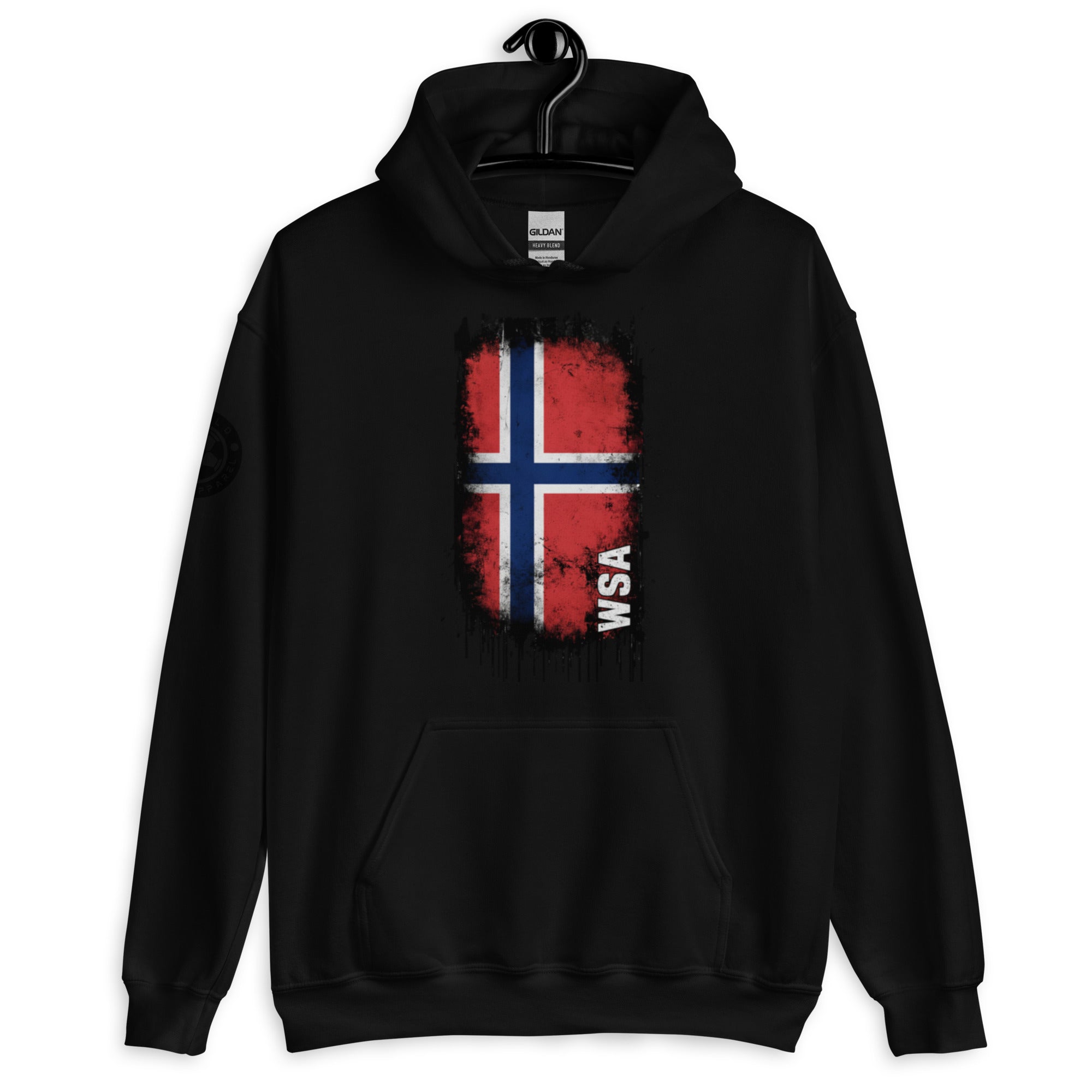 Black hoodie with a flag design on a white background