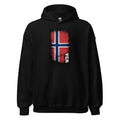 Black hoodie with a red and white flag design on a white background