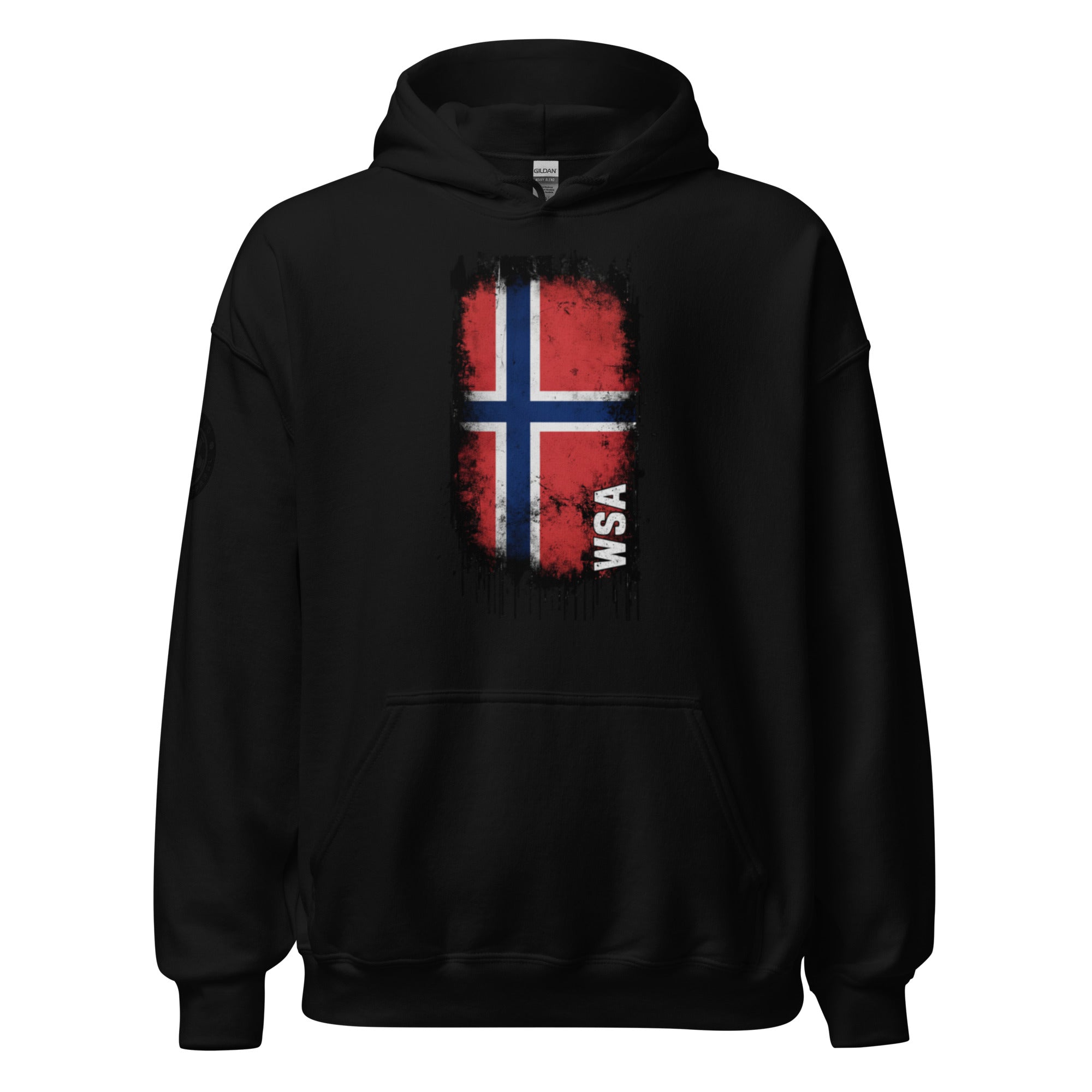 Black hoodie with a red and white flag design on a white background