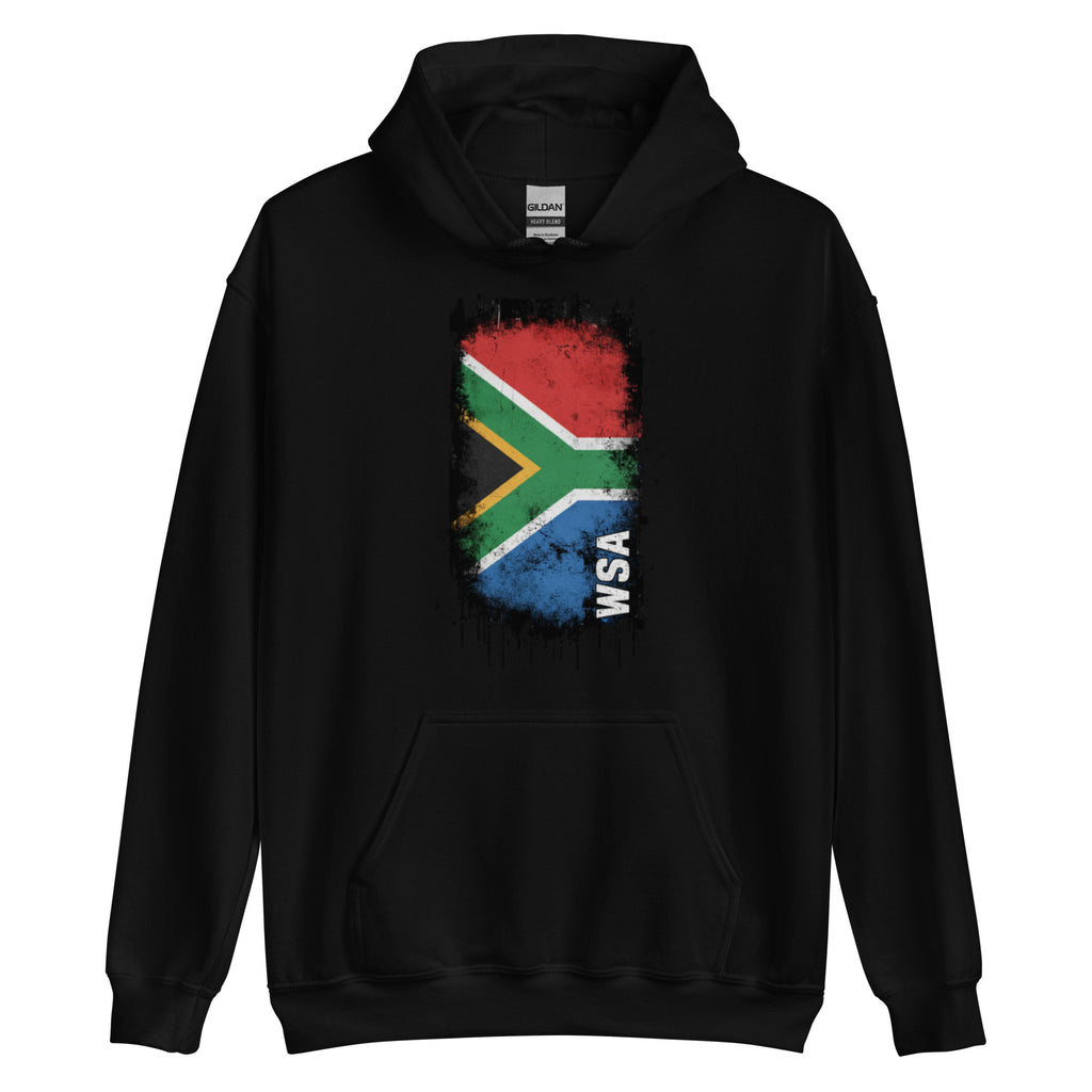 Black hoodie with South African flag design on a white background