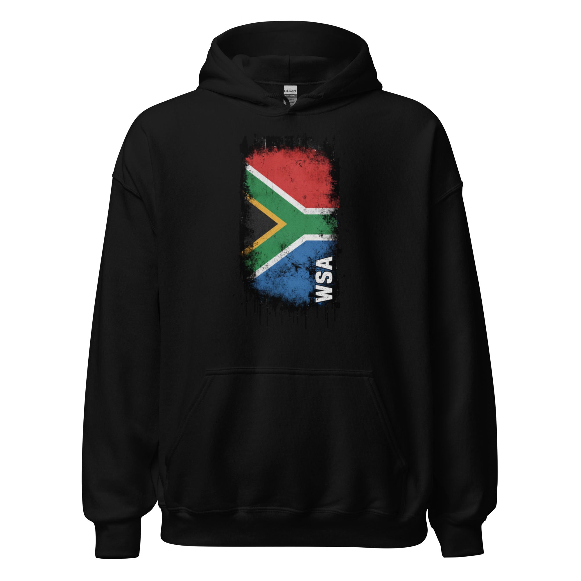 Black hoodie with South African flag design on a white background
