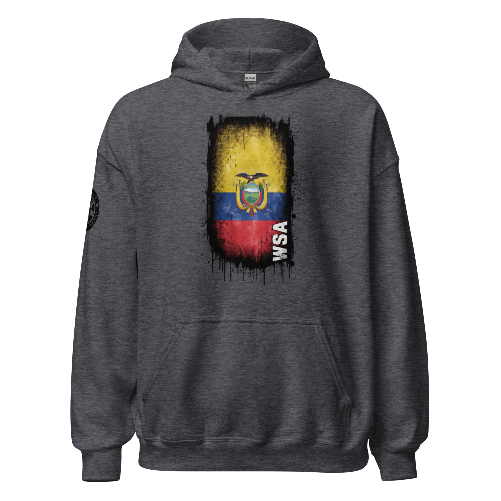Dark gray hoodie with a colorful graphic design on a white background