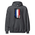 Dark gray hoodie with a colorful graphic design on a white background