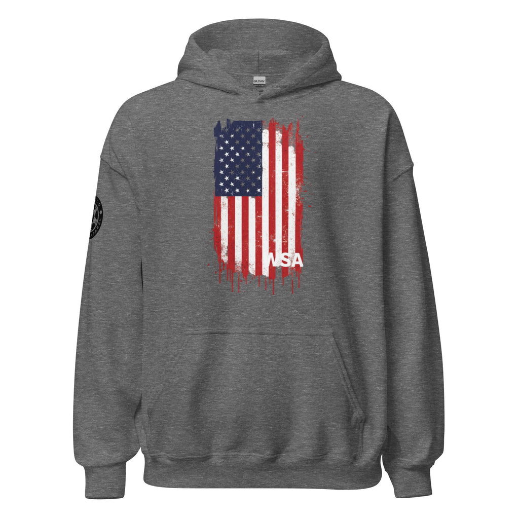 Gray hoodie with American flag design on the back against a white background