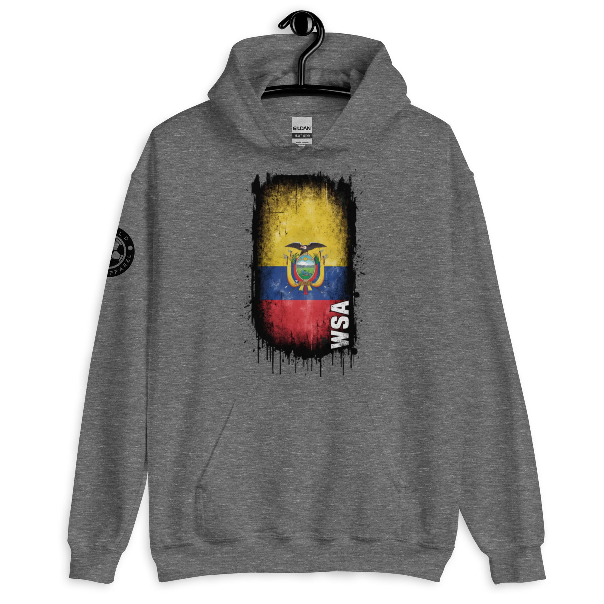 Gray hoodie with a colorful graphic on a white background
