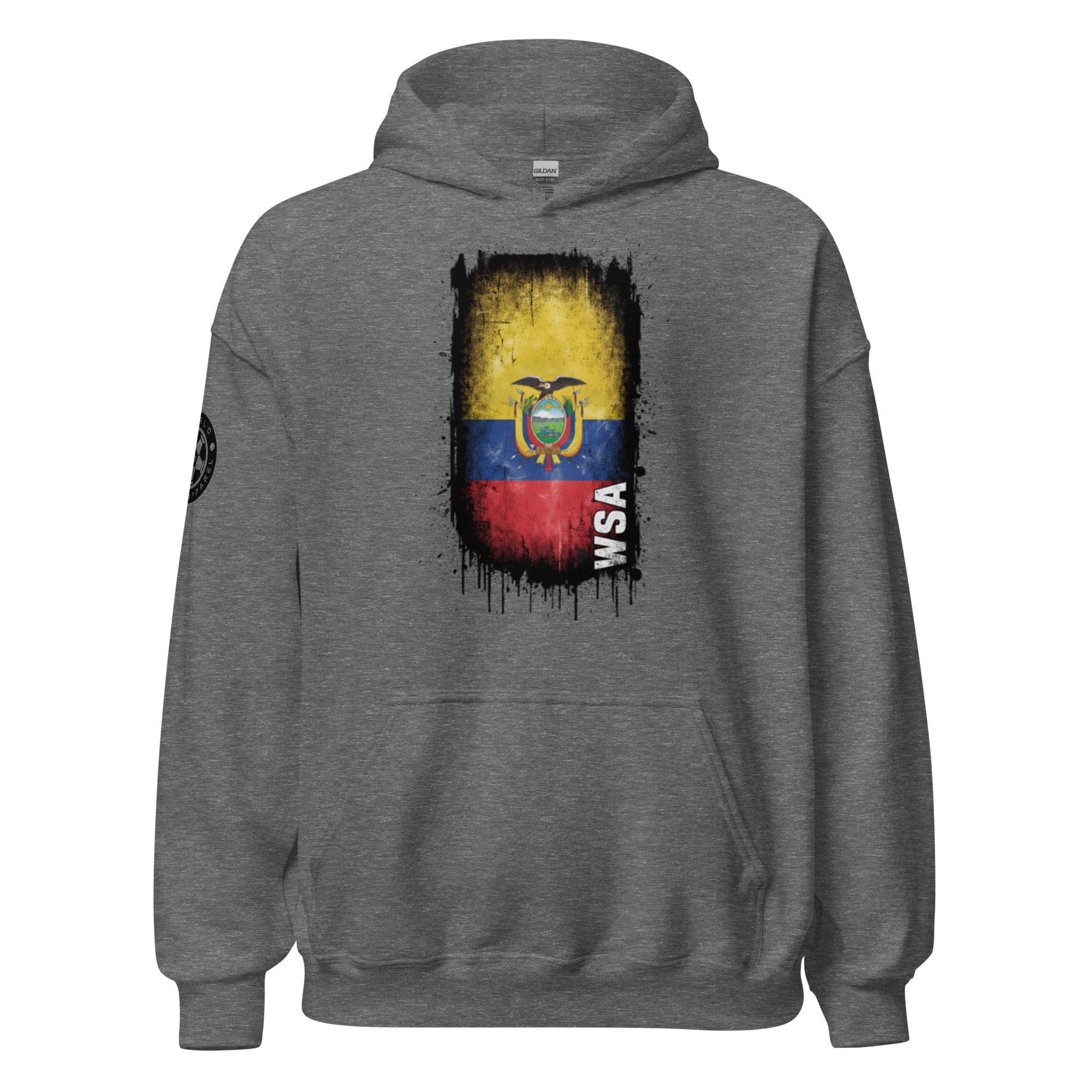 Gray hoodie with Ecuadorian flag design on the back against a white background