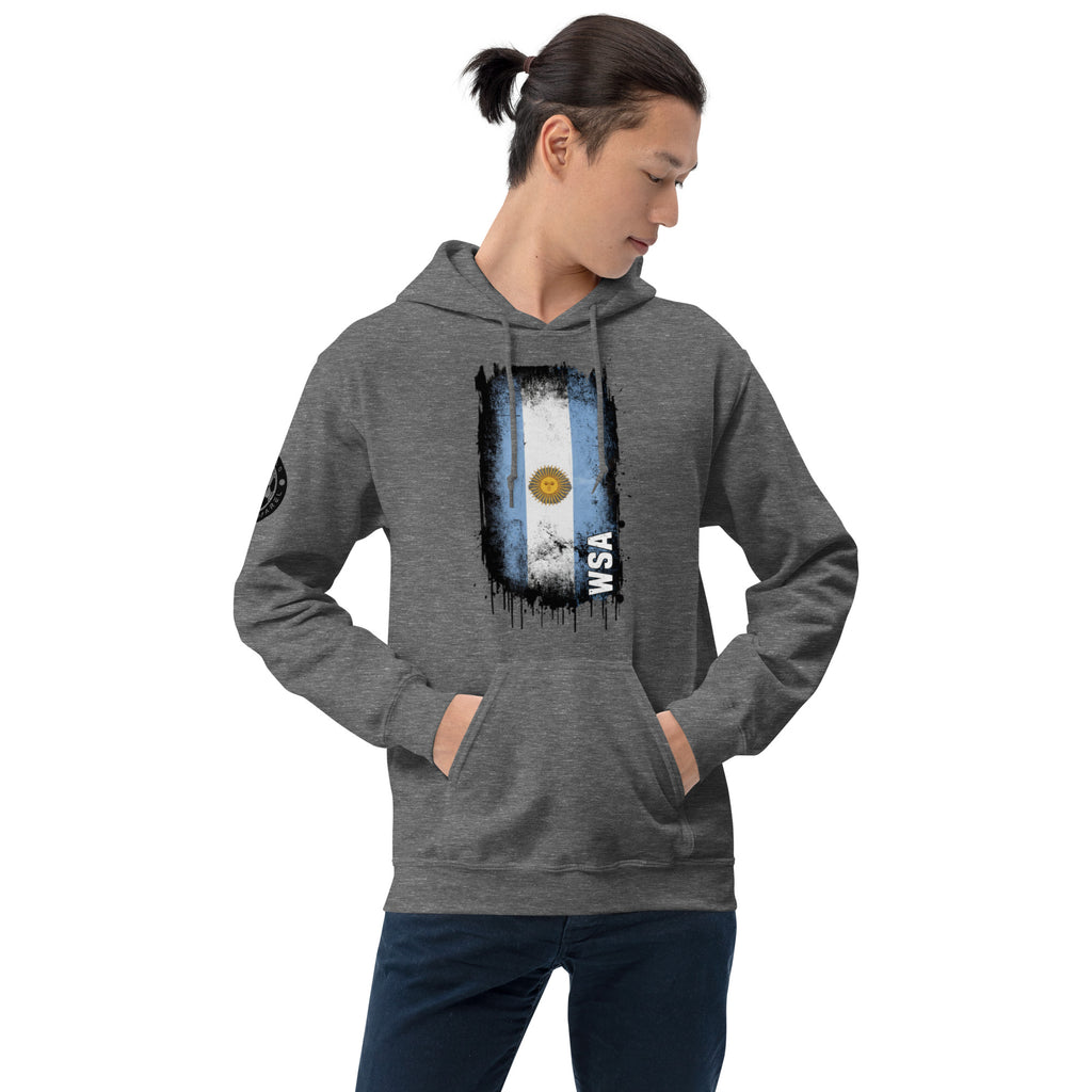 Person wearing a gray hoodie with a graphic design on a white background