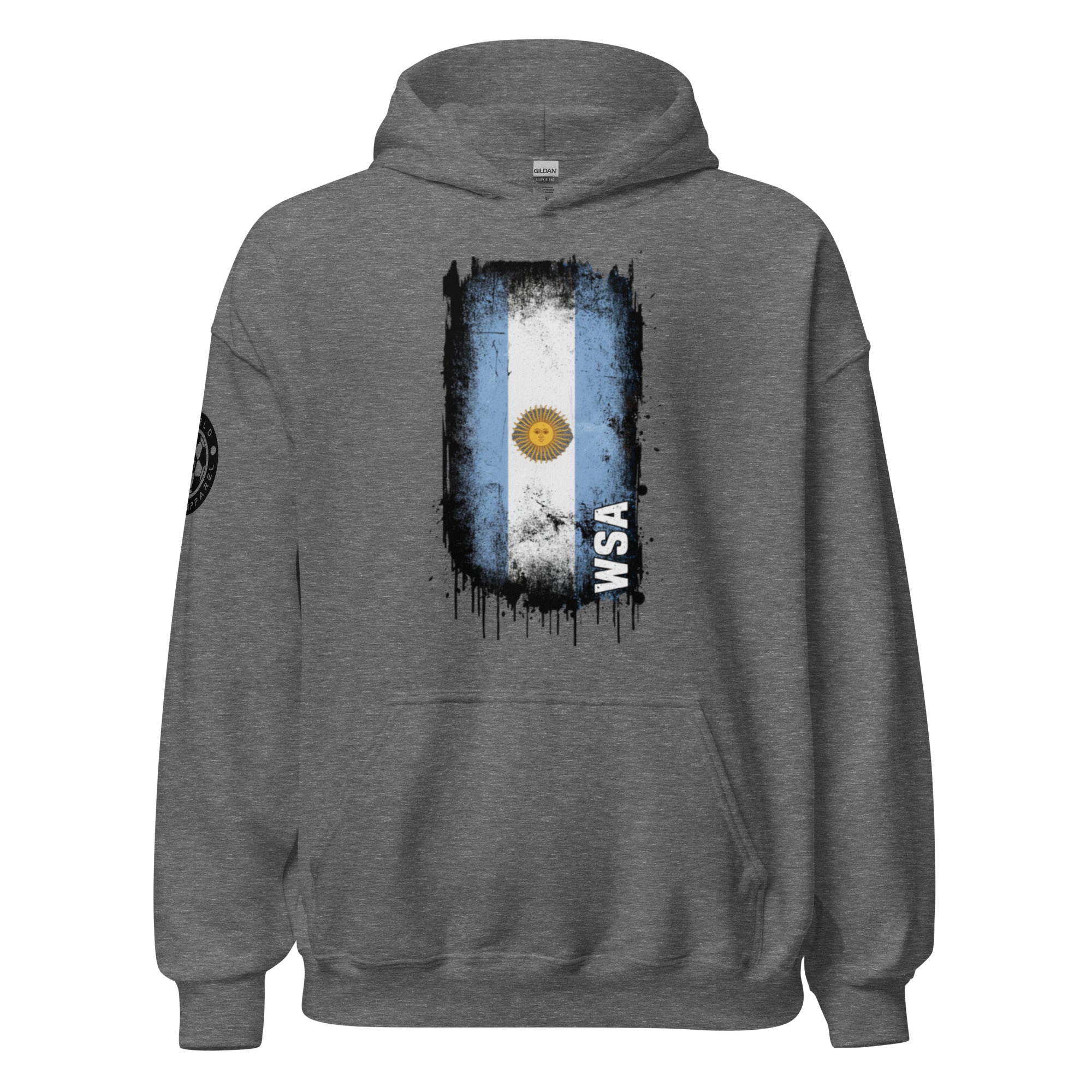 Gray hoodie with a graphic of the Argentine flag on the back, on a white background