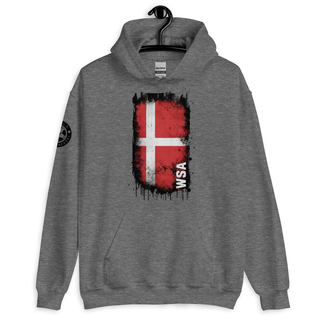 Gray hoodie with a red and white flag design on a hanger against a white background