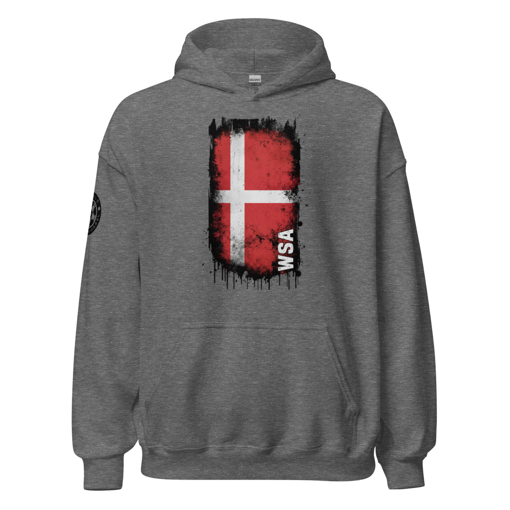 Gray hoodie with a red and white flag design on the back, on a white background