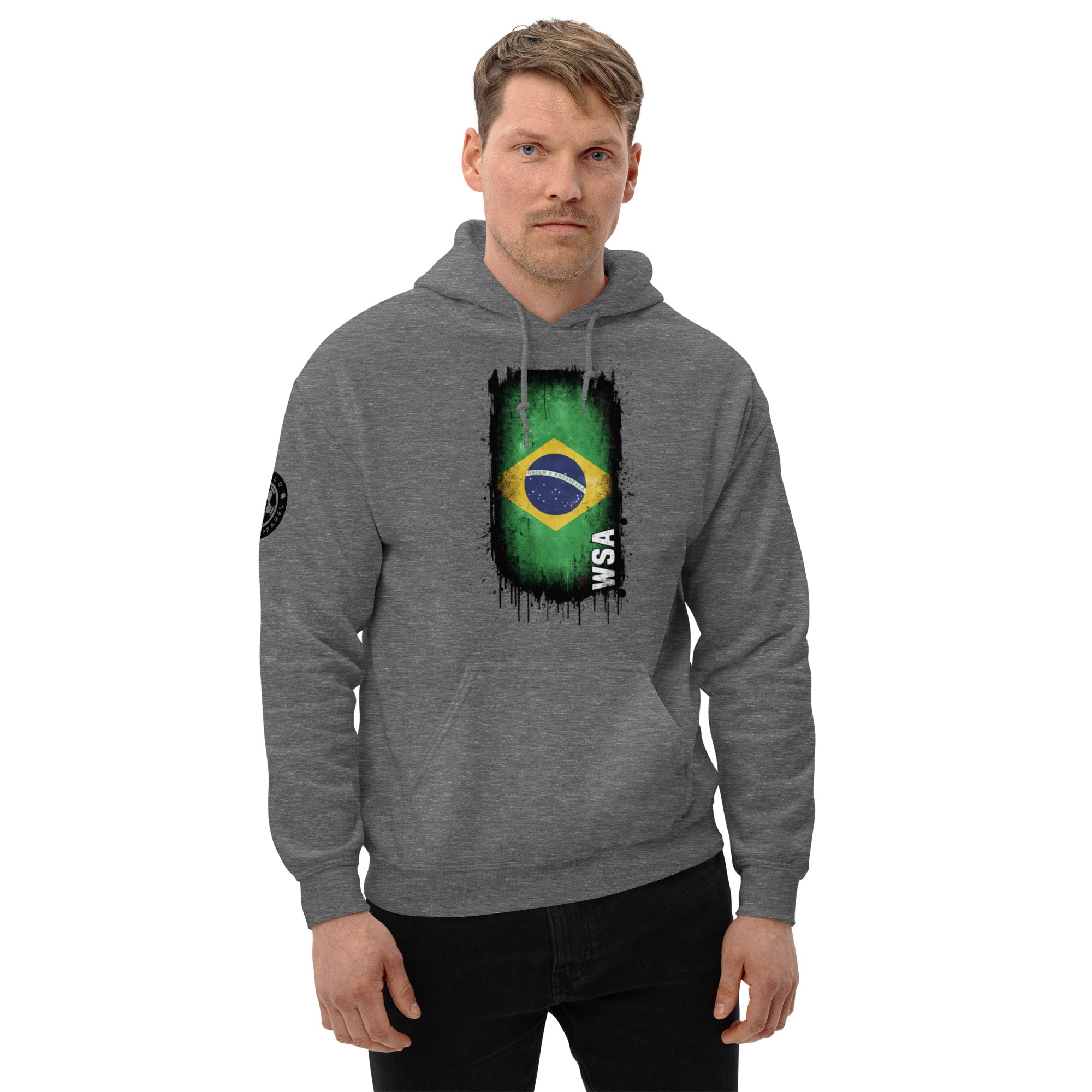 Man wearing a gray hoodie with a Brazilian flag design on a white background
