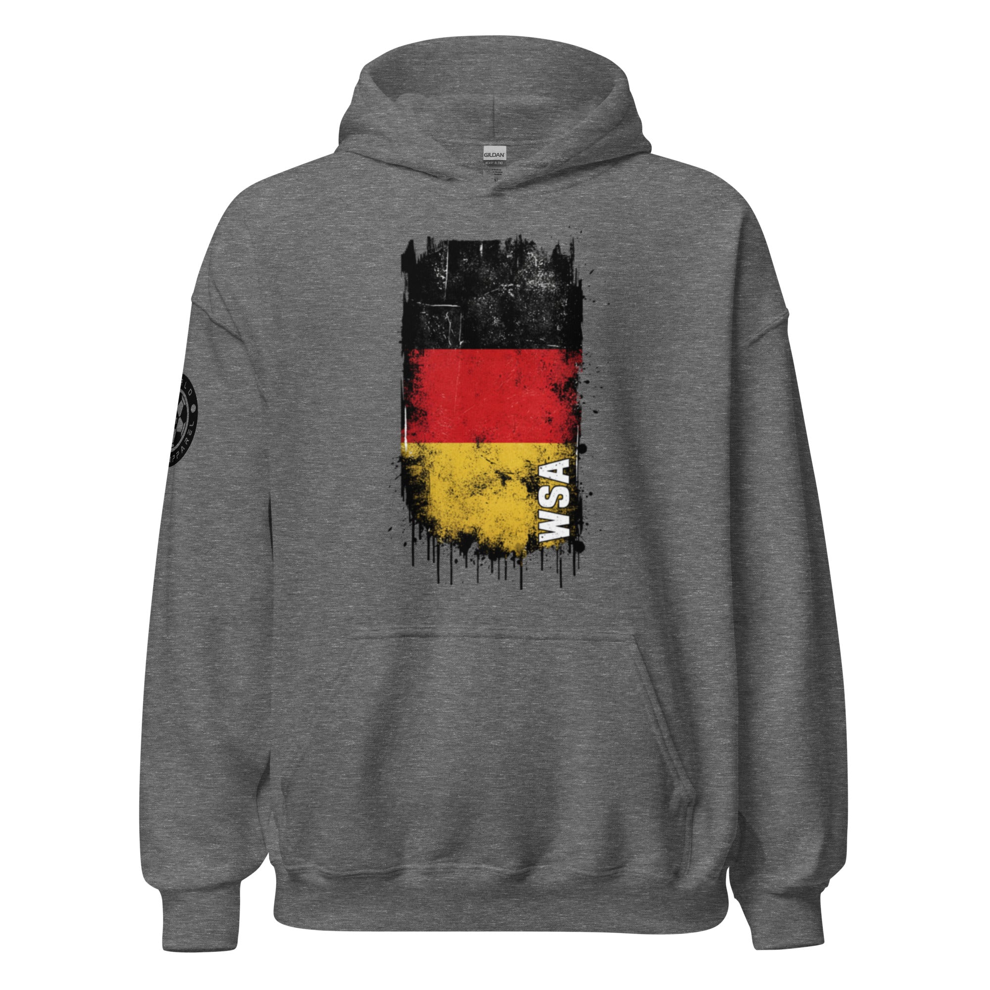 Gray hoodie with a German flag design on the back against a white background