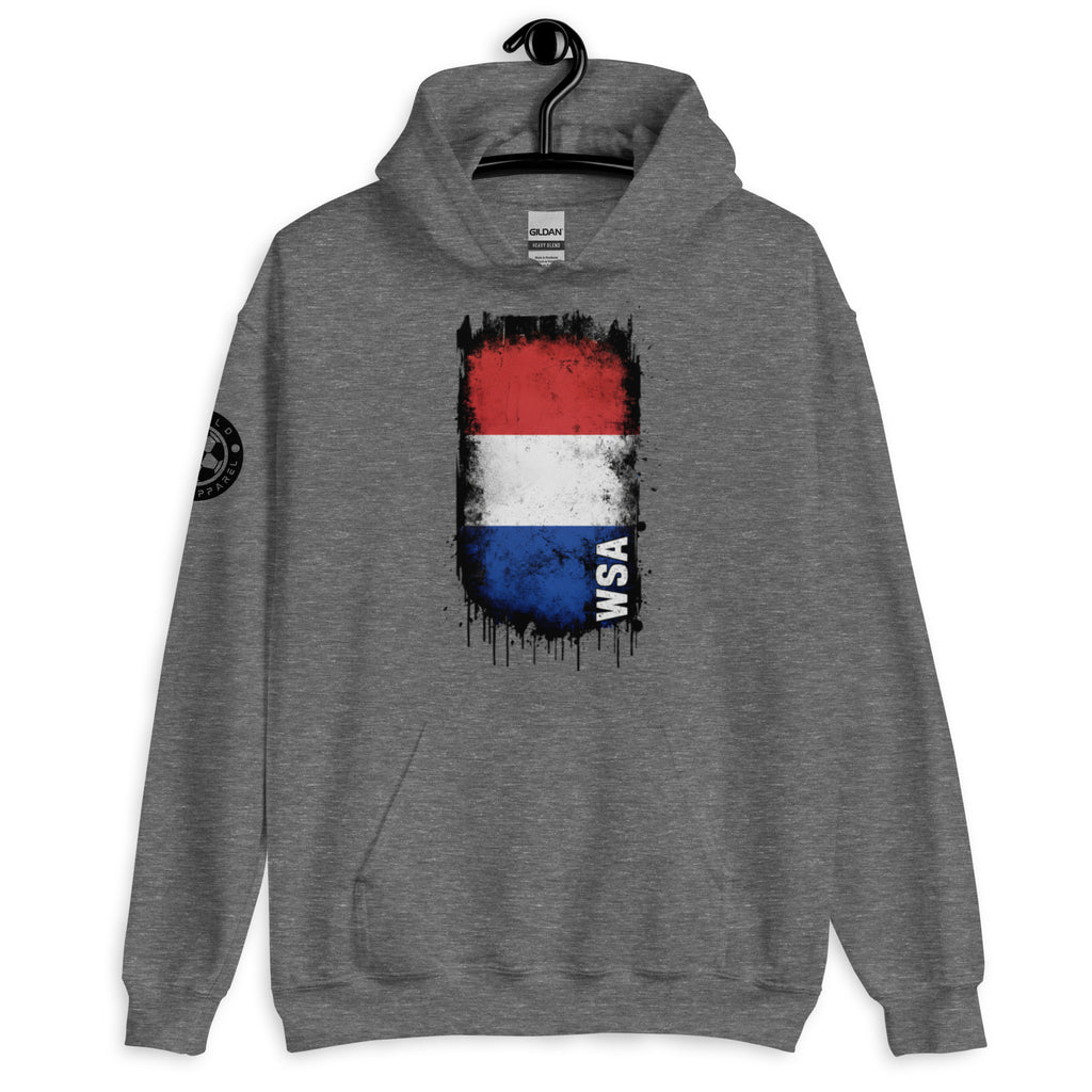 Gray hoodie with a flag design and 'WSA' text on a white background
