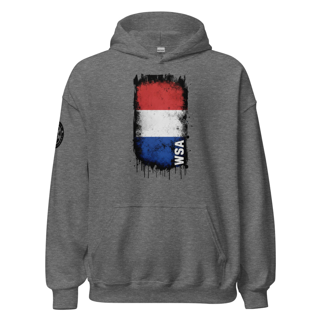 Gray hoodie with a colorful graphic on the back against a white background