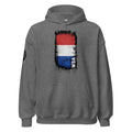 Gray hoodie with a colorful graphic on the back against a white background
