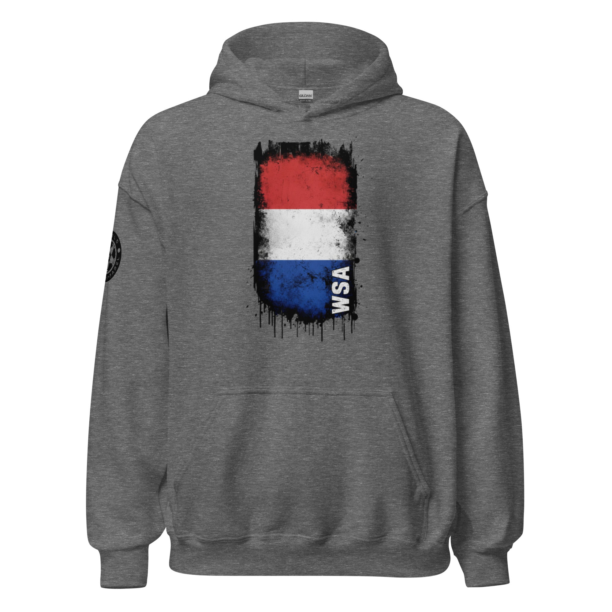 Gray hoodie with a colorful graphic on the back against a white background