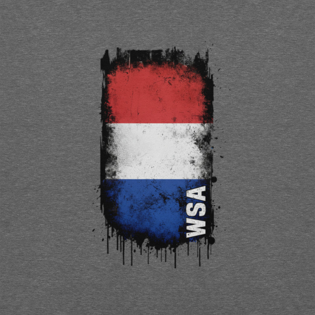 Gray t-shirt with a flag design and 'WSA' text on a dark background