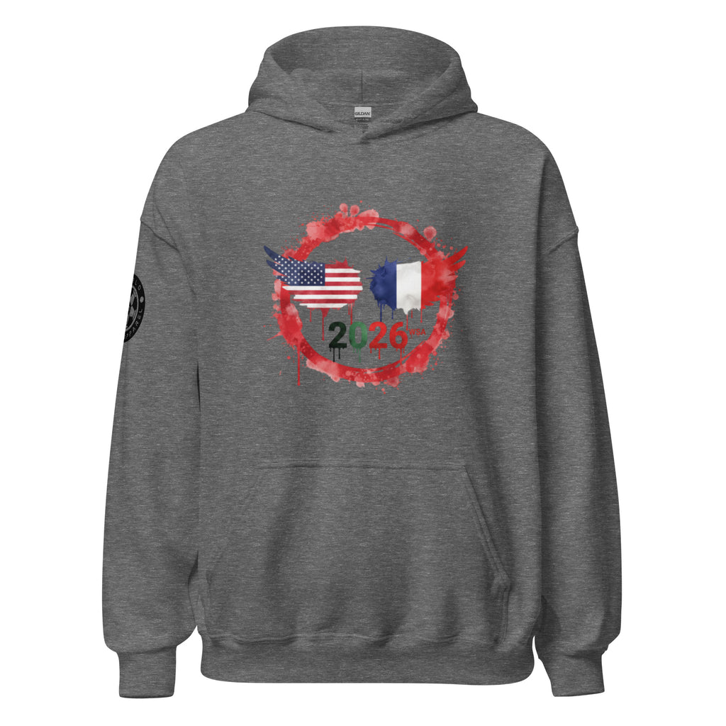 Gray hoodie with a graphic design of an American flag, French flag, and number 2026 on a white background